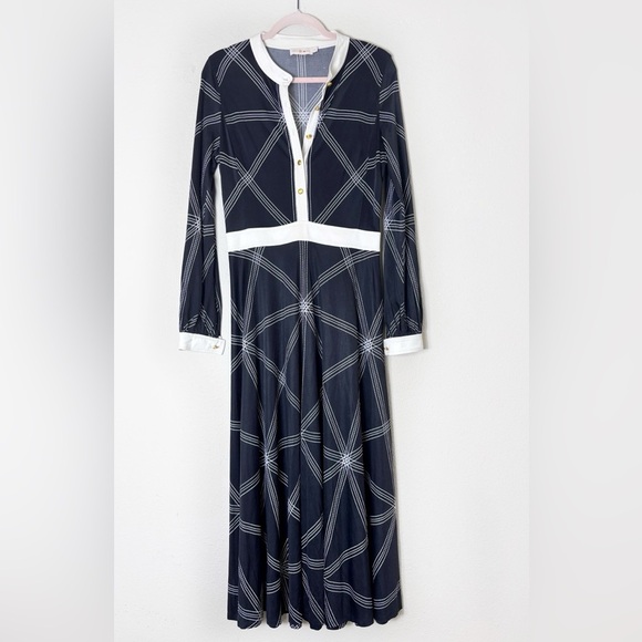 Tory Burch Anja Geometric Black White Midi Dress size M Partial Gold Buttons - Picture 15 of 16